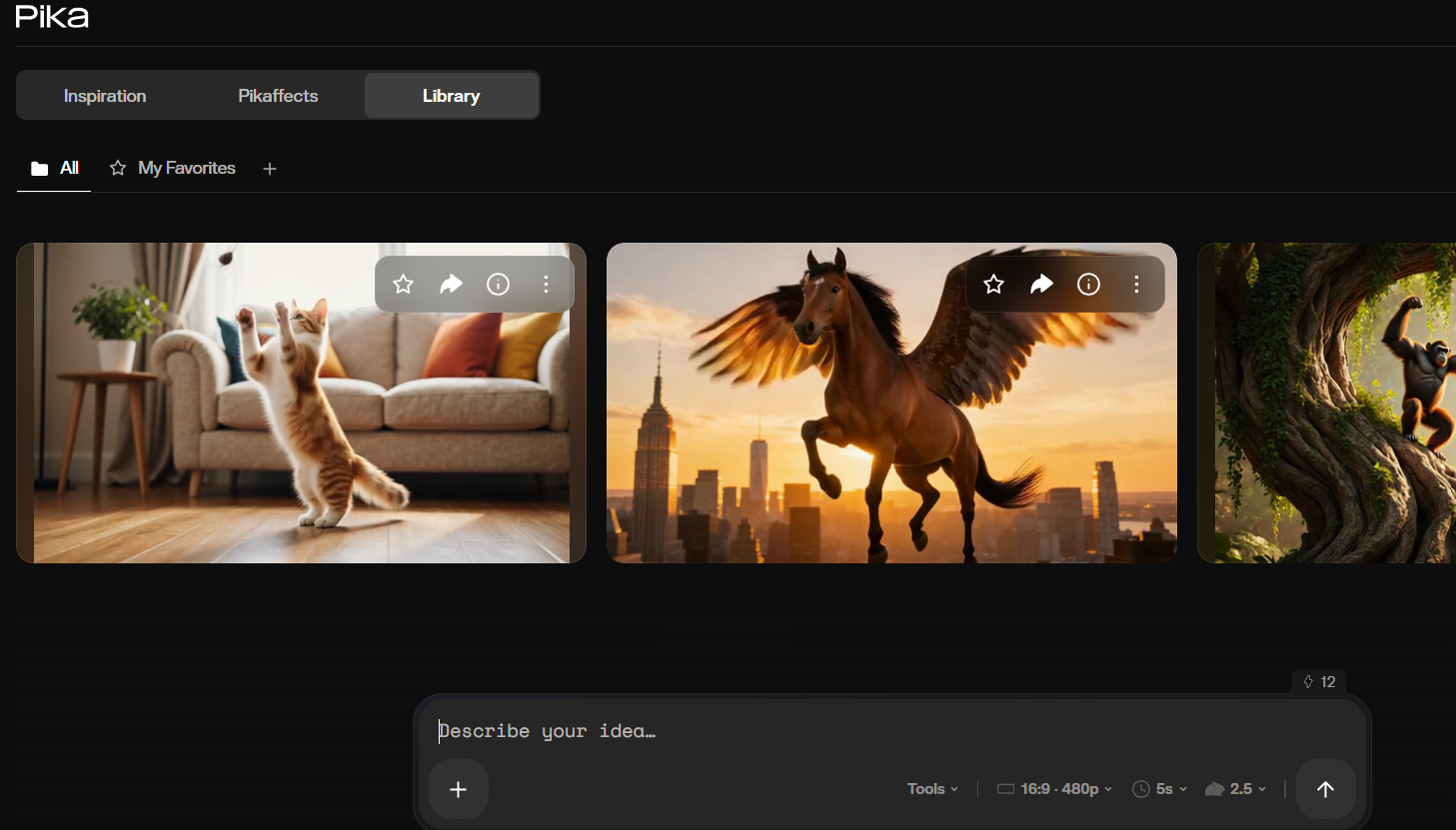 The Pika web interface: prompt field with model and style options