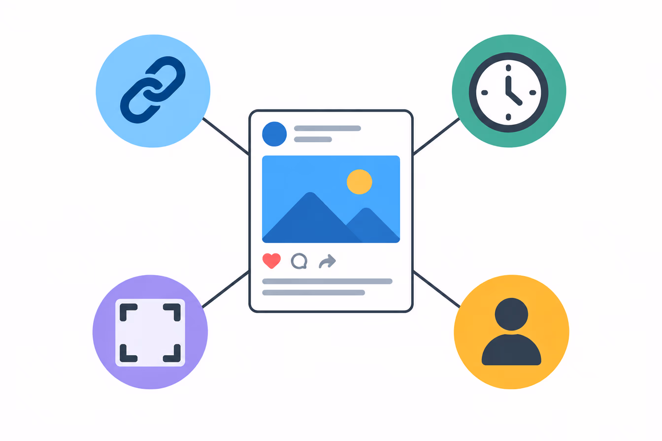 A saved post in the centre, connected to four symbols around it: a link, a clock, a screenshot frame and an account silhouette