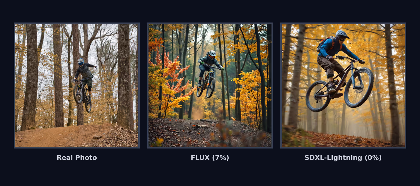 A real mountain biking photograph next to FLUX.1 schnell's and SDXL-Lightning's AI versions of the same scene, with each model's pick rate on that exact image.