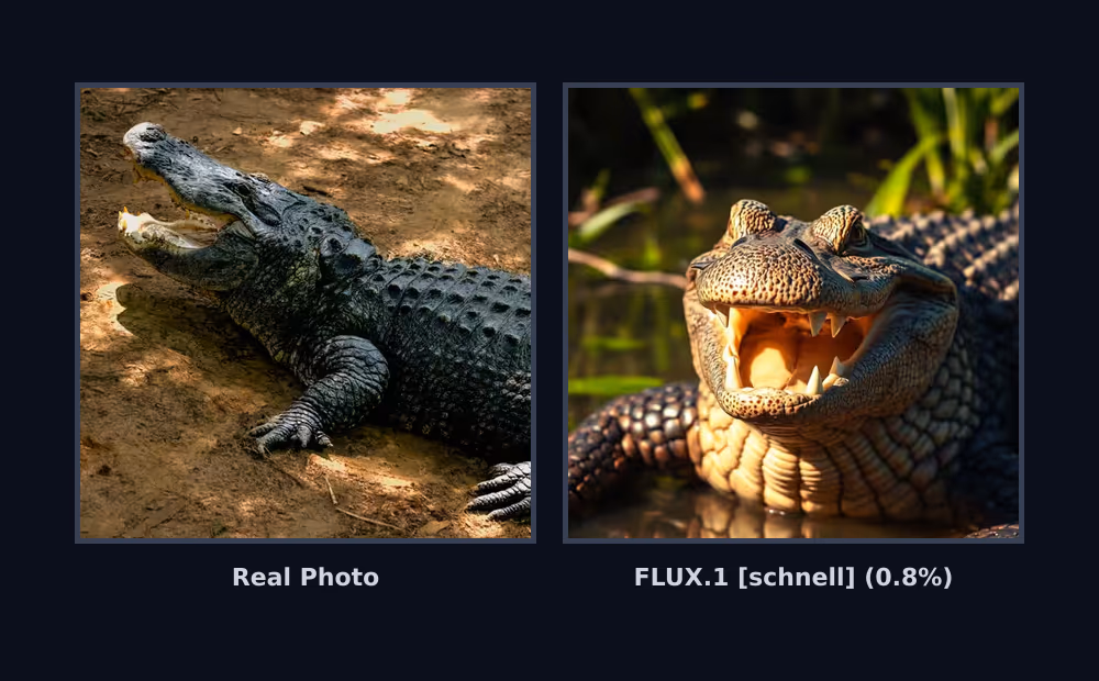 A real alligator photograph next to FLUX.1 schnell's AI version, which fooled only 0.8 percent of viewers.