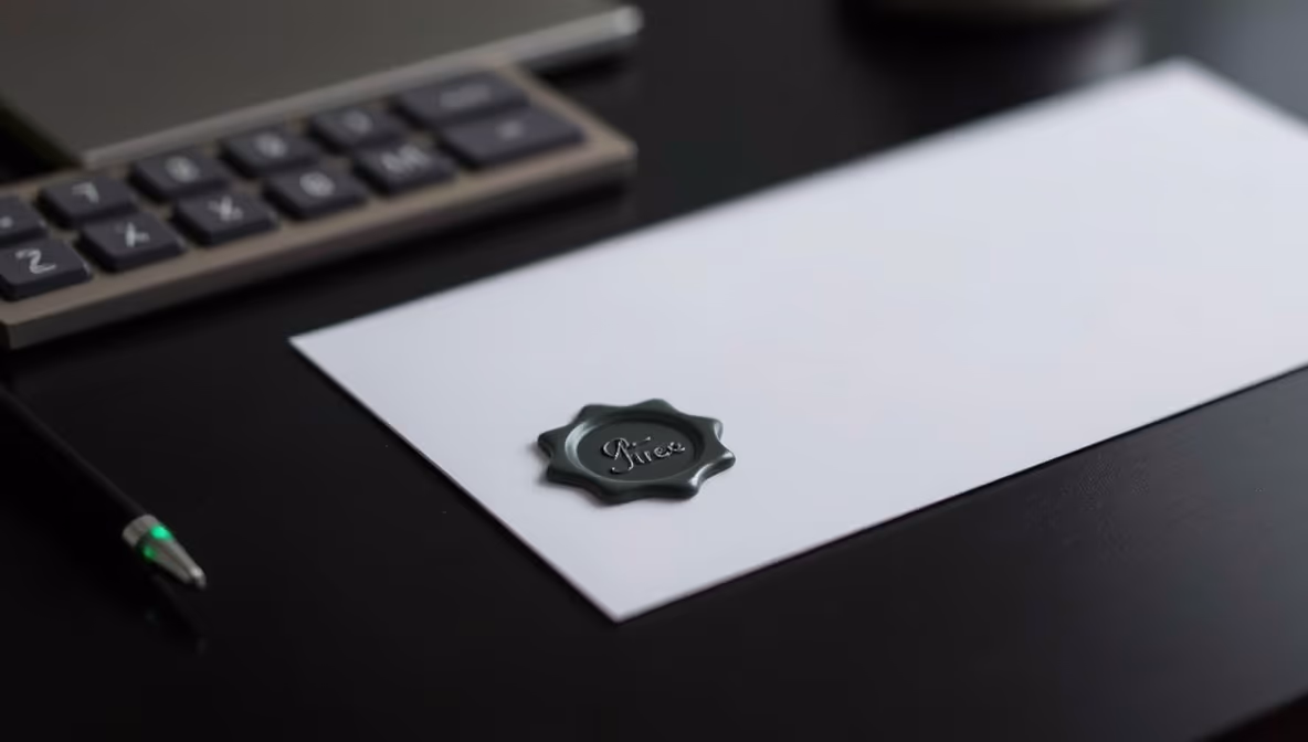 A sealed white card on a desk with a wax seal, representing a signed certificate of origin