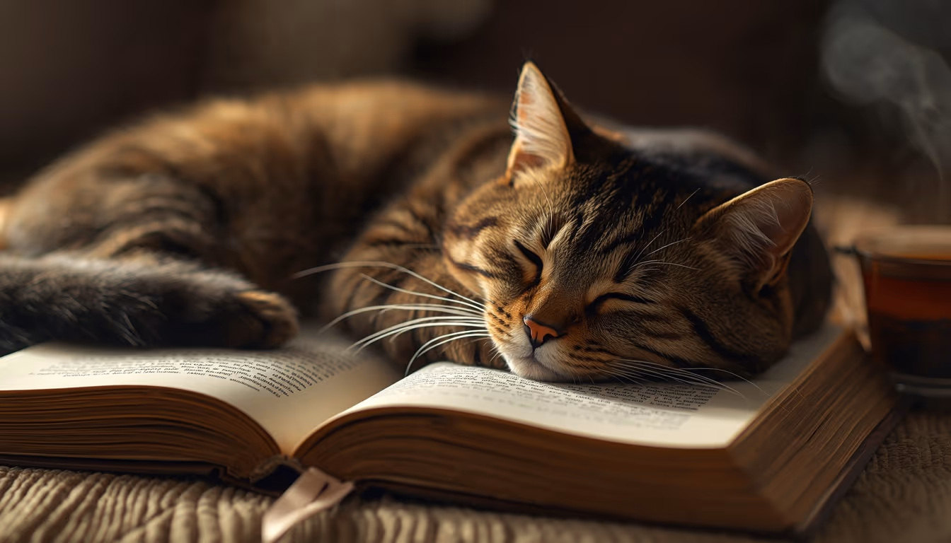A photorealistic cat curled up asleep beside a cup of tea, generated entirely by AI