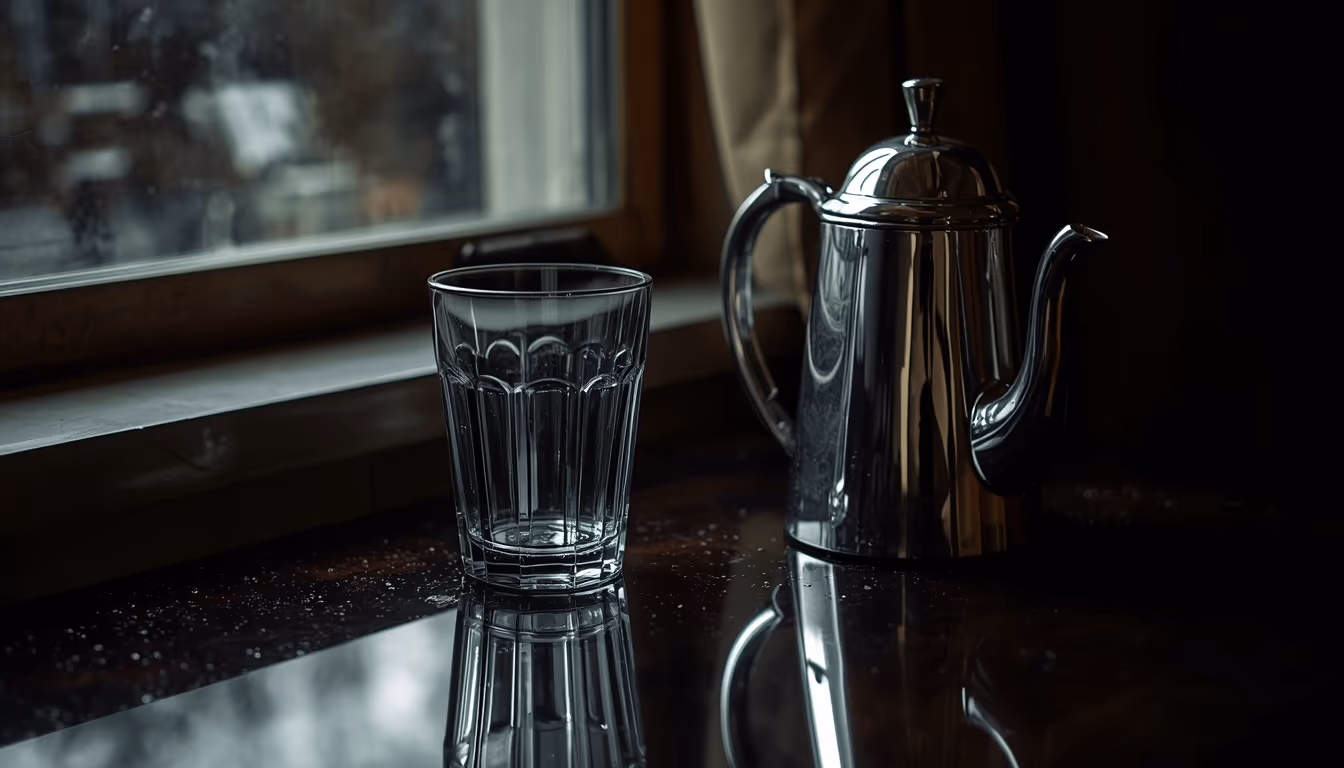A drinking glass and a chrome teapot on a dark table by a window, both carrying complex reflections
